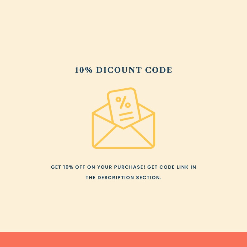 May include: A yellow envelope with a yellow paper inside that has a percent sign on it. The text "10% DICOUNT CODE" is above the envelope and the text "GET 10% OFF ON YOUR PURCHASE! GET CODE LINK IN THE DESCRIPTION SECTION." is below the envelope.