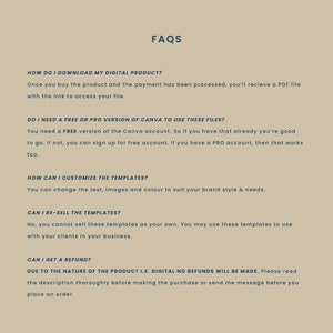 Pode incluir: Uma p&aacute;gina de perguntas frequentes com um cabe&ccedil;alho azul "FAQs" e cinco perguntas e respostas sobre produtos digitais. As perguntas s&atilde;o: "Como fa&ccedil;o o download do meu produto digital?", "Preciso de uma vers&atilde;o gratuita ou profissional do Canva para usar estes ficheiros?", "Como posso personalizar os modelos?", "Posso revender os modelos?" e "Posso obter um reembolso?"