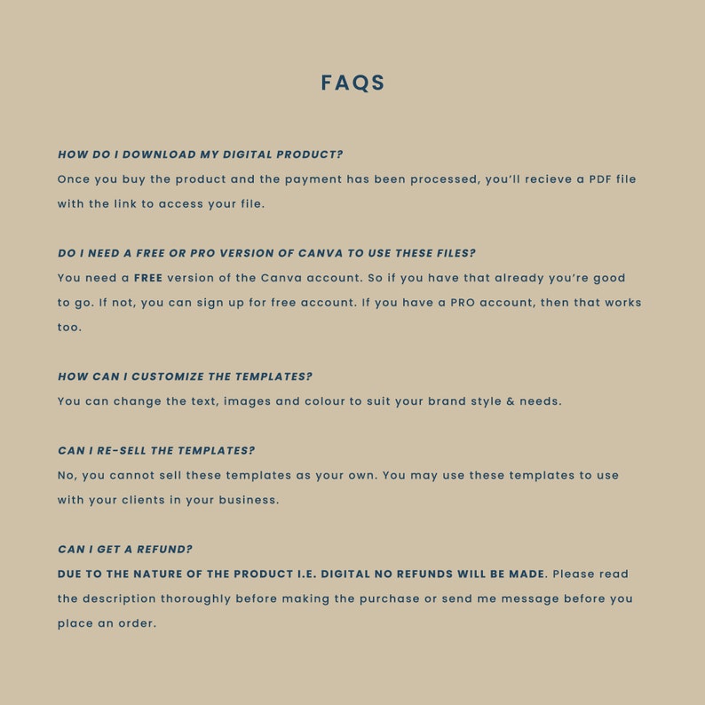 Pode incluir: Uma p&aacute;gina de perguntas frequentes com um cabe&ccedil;alho azul "FAQs" e cinco perguntas e respostas sobre produtos digitais. As perguntas s&atilde;o: "Como fa&ccedil;o o download do meu produto digital?", "Preciso de uma vers&atilde;o gratuita ou profissional do Canva para usar estes ficheiros?", "Como posso personalizar os modelos?", "Posso revender os modelos?" e "Posso obter um reembolso?"