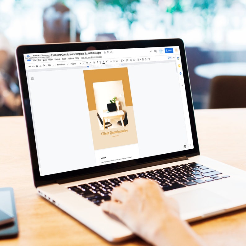 May include: A laptop computer displaying a Google Docs document with a client questionnaire template. The document has a yellow background with a photo of a desk with a plant and a laptop. The text "Client Questionnaire" is displayed in the document.