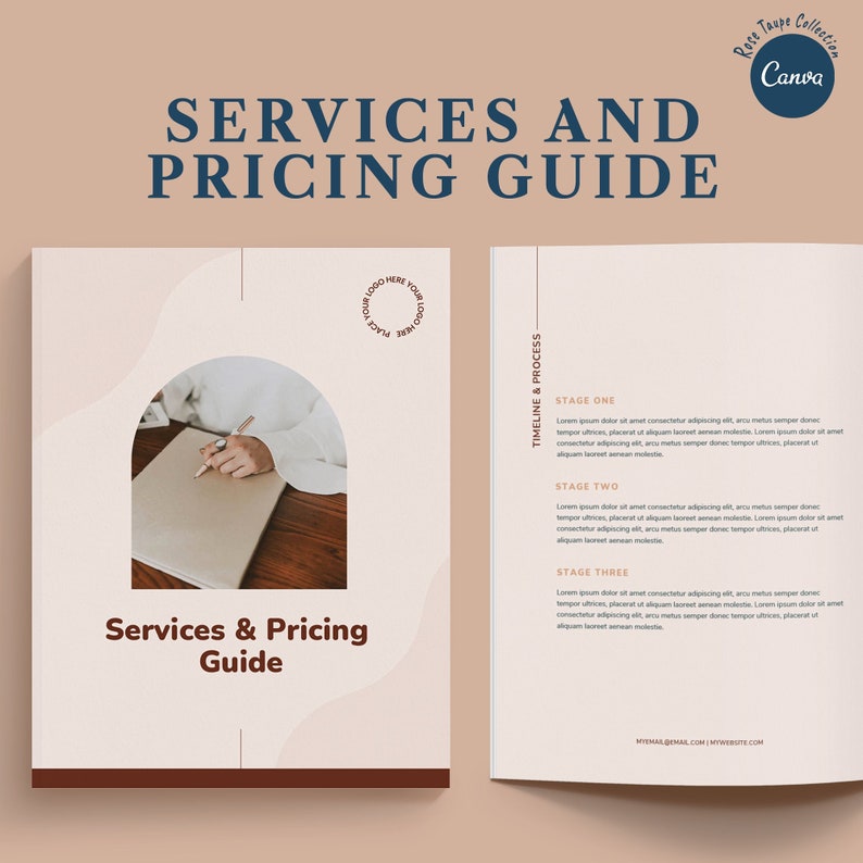 Puede incluir: Un folleto beige y marr&oacute;n con el t&iacute;tulo "Servicios y gu&iacute;a de precios" en azul oscuro. El folleto tiene una secci&oacute;n de cronolog&iacute;a y proceso con tres etapas: etapa uno, etapa dos y etapa tres. El folleto tambi&eacute;n tiene una secci&oacute;n para servicios y precios.