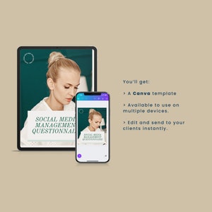 Pode incluir: Um tablet digital e um smartphone exibindo um modelo de question&aacute;rio de gerenciamento de m&iacute;dia social. O modelo &eacute; projetado para uso com Canva e pode ser editado e enviado aos clientes instantaneamente.