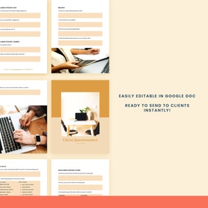 May include: A beige and brown digital document with the title "Client Questionnaire" in a black font. The document is divided into sections with headings such as "Industry", "Social Media Strategy Past", "Social Media Strategy Current", and "Social Media Strategy Future". The document is designed to be easily edited in Google Docs and sent to clients instantly.