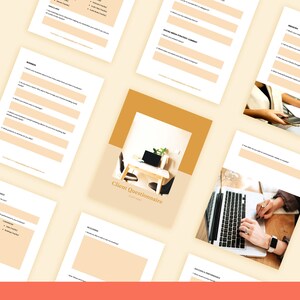 May include: A client questionnaire for an Etsy shop owner. The questionnaire asks questions about the business, social media strategy, industry, success and performance, and income and pricing. The questionnaire is on a light beige background with a yellow border.