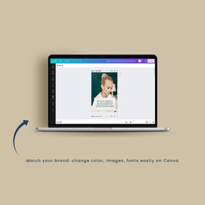 Pode incluir: Um ecr&atilde; de computador port&aacute;til a mostrar um modelo de design Canva para um question&aacute;rio de gest&atilde;o de redes sociais. O modelo apresenta uma mulher com cabelo loiro a olhar para um computador port&aacute;til, um fundo verde e o texto "SOCIAL MEDIA MANAGEMENT QUESTIONNAIRE".