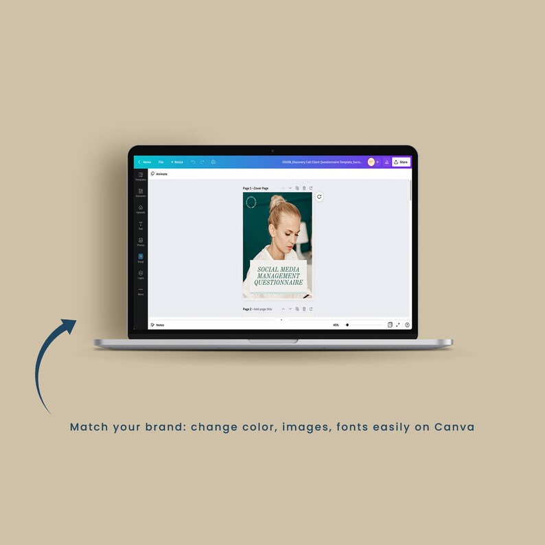 Pode incluir: Um ecr&atilde; de computador port&aacute;til a mostrar um modelo de design Canva para um question&aacute;rio de gest&atilde;o de redes sociais. O modelo apresenta uma mulher com cabelo loiro a olhar para um computador port&aacute;til, um fundo verde e o texto "SOCIAL MEDIA MANAGEMENT QUESTIONNAIRE".