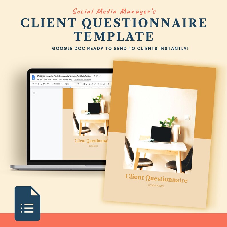 May include: A laptop computer displaying a Google Doc with the title "Discovery Call Client Questionnaire Template". The document is a questionnaire template for social media managers to use with clients. The laptop is on a desk with a plant and a laptop computer in the background.