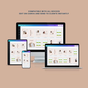 Puede incluir: Una maqueta que muestra una gu&iacute;a digital que se muestra en una computadora de escritorio, una computadora port&aacute;til, una tableta y un tel&eacute;fono inteligente. La gu&iacute;a se titula "Services & Pricing Guide" e incluye una tabla de contenido, una secci&oacute;n sobre "Client Bag" y otras secciones. La gu&iacute;a est&aacute; dise&ntilde;ada para ser f&aacute;cilmente editada y compartida con los clientes.