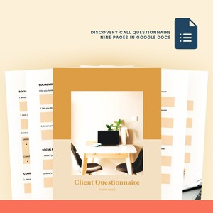 May include: A client questionnaire with the text "Client Questionnaire" and "[CLIENT NAME]" on a light beige background. The questionnaire is in a Google Doc format. The image also shows a laptop on a wooden desk with a plant and a white jug.