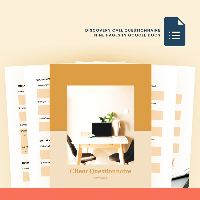 May include: A client questionnaire with the text "Client Questionnaire" and "[CLIENT NAME]" on a light beige background. The questionnaire is in a Google Doc format. The image also shows a laptop on a wooden desk with a plant and a white jug.