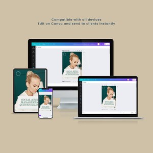 Pode incluir: Uma maquete de um modelo de question&aacute;rio de gerenciamento de m&iacute;dia social exibido em um computador desktop, laptop, tablet e smartphone. O modelo apresenta um fundo verde com o rosto de uma mulher e o texto "SOCIAL MEDIA MANAGEMENT QUESTIONNAIRE".