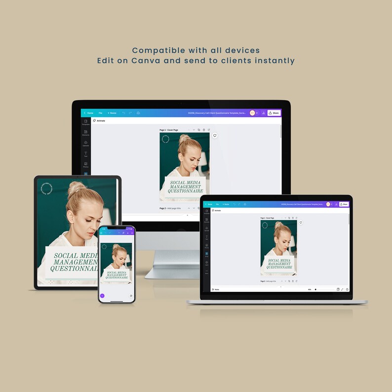 Pode incluir: Uma maquete de um modelo de question&aacute;rio de gerenciamento de m&iacute;dia social exibido em um computador desktop, laptop, tablet e smartphone. O modelo apresenta um fundo verde com o rosto de uma mulher e o texto "SOCIAL MEDIA MANAGEMENT QUESTIONNAIRE".