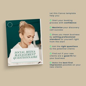 Pode incluir: Uma mulher est&aacute; olhando para um question&aacute;rio de gerenciamento de m&iacute;dia social em um tablet. O texto no tablet diz "Social Media Management Questionnaire". O texto no lado direito da imagem diz "Deixe este modelo Canva ajud&aacute;-lo: Comece seu processo de reserva com confian&ccedil;a. Maximize o sucesso da sua chamada de descoberta. Mostre que voc&ecirc; leva a s&eacute;rio estabelecendo um padr&atilde;o profissional para si mesmo desde o in&iacute;cio. Fa&ccedil;a as perguntas certas aos clientes em potencial. Descubra se seus novos clientes s&atilde;o uma boa op&ccedil;&atilde;o para seu neg&oacute;cio. Fa&ccedil;a a melhor primeira impress&atilde;o poss&iacute;vel em seus novos clientes."