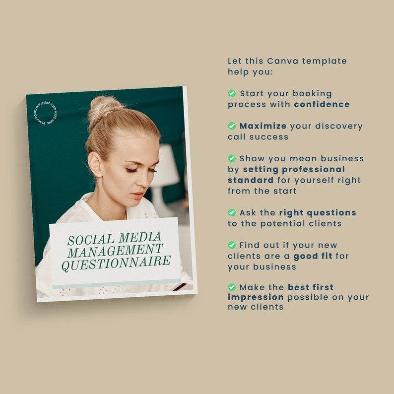 Pode incluir: Uma mulher est&aacute; olhando para um question&aacute;rio de gerenciamento de m&iacute;dia social em um tablet. O texto no tablet diz "Social Media Management Questionnaire". O texto no lado direito da imagem diz "Deixe este modelo Canva ajud&aacute;-lo: Comece seu processo de reserva com confian&ccedil;a. Maximize o sucesso da sua chamada de descoberta. Mostre que voc&ecirc; leva a s&eacute;rio estabelecendo um padr&atilde;o profissional para si mesmo desde o in&iacute;cio. Fa&ccedil;a as perguntas certas aos clientes em potencial. Descubra se seus novos clientes s&atilde;o uma boa op&ccedil;&atilde;o para seu neg&oacute;cio. Fa&ccedil;a a melhor primeira impress&atilde;o poss&iacute;vel em seus novos clientes."