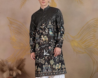 Royal Caravan Black Embroidery Kurta Set For Men and kids