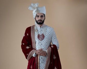 Cloud Cream Medallion Patterned Sherwani Set