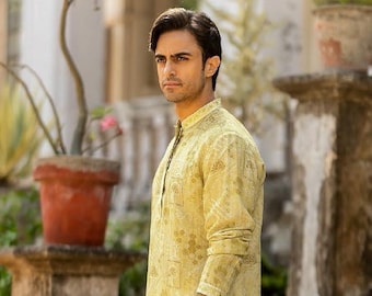 Kurta bordada de lino puro con estampado amarillo lima para hombres y niños