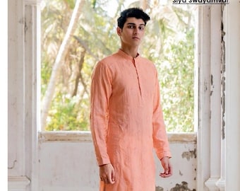 Light Salmon Peach Pure Linen Embroidered Kurta For Men and kids