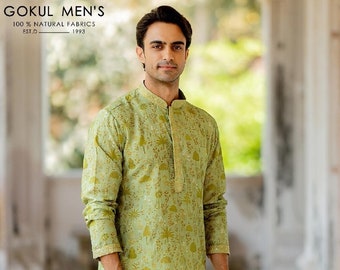 Äppelgrön tryckt kurta i linne med broderi för män och barn