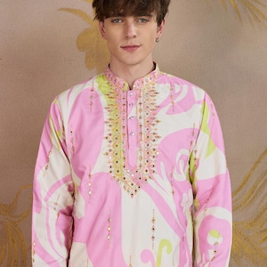 Rose Pink Abstract Print and Embroidery Kurta Set For Men and kids