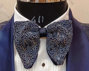 Handmade Satin Bow Tie: Beaded Wedding Groomsmen Bowtie
