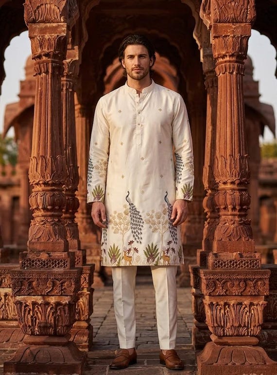 Ivory Peacock Embroidered Kurta Set for Men – Royal Heritage Wedding & Festive Wear