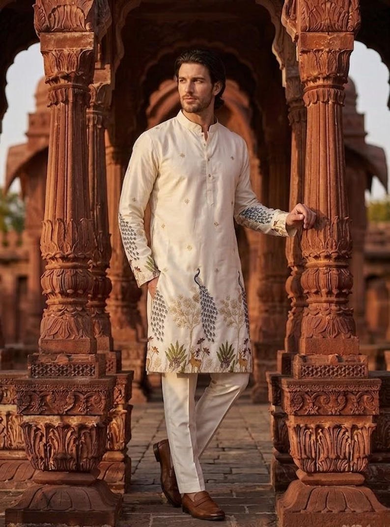 May include: An off-white long-sleeved kurta tunic featuring a mandarin collar and button placket, adorned with embroidered peacock and floral motifs along the hem and sleeves, paired with matching off-white trousers and brown leather loafers.
