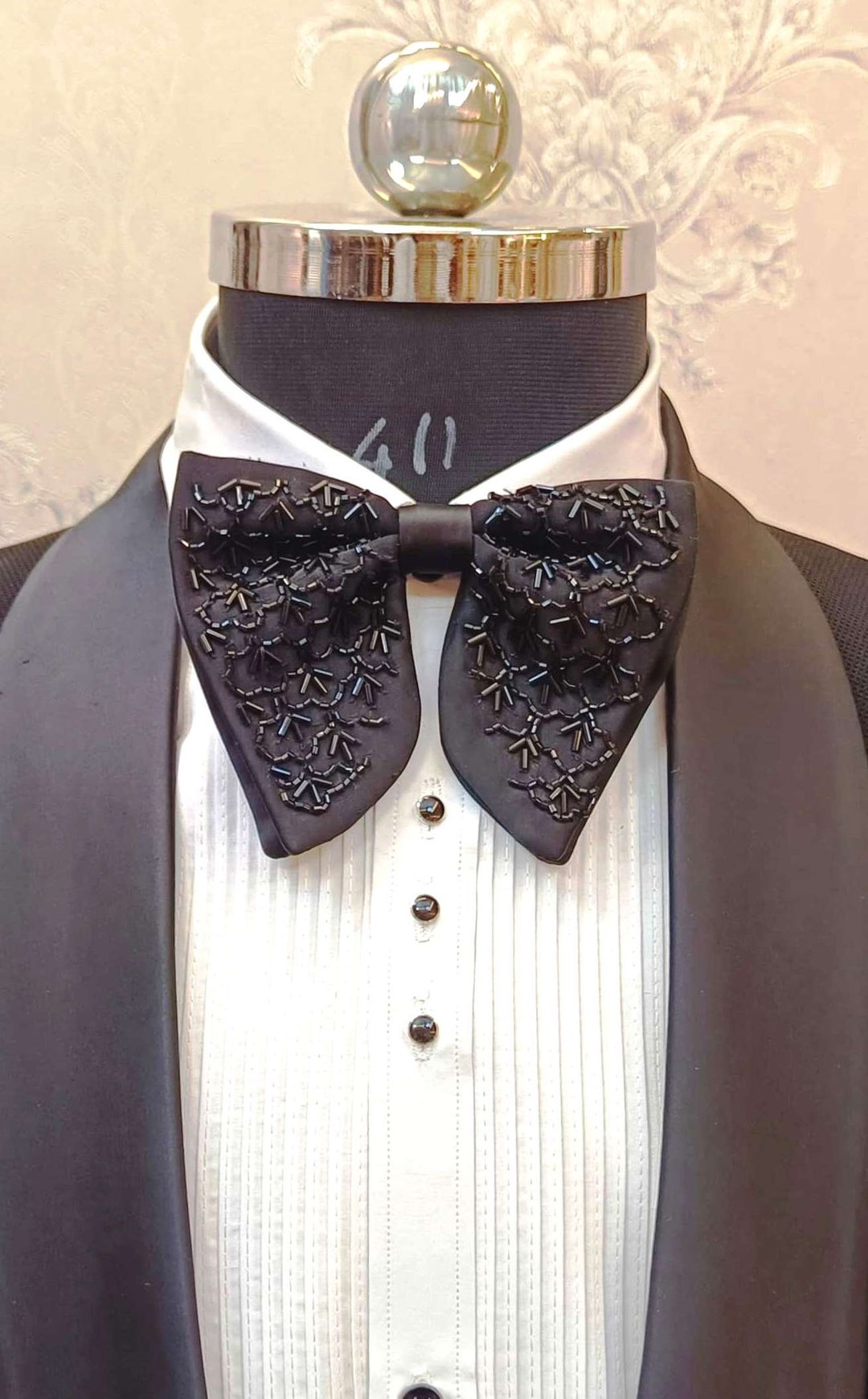 Large Bowtie, Stone Stitched, - Black/Silver, RD