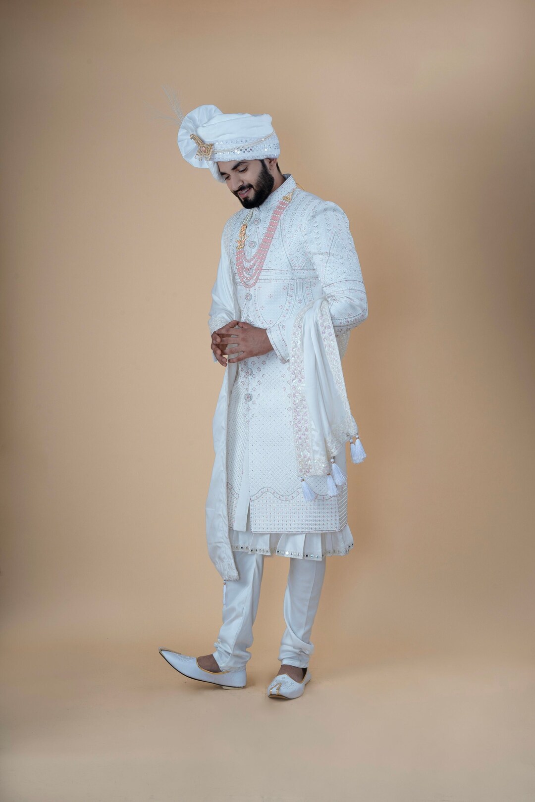 Peach Geometric Sherwani With Kurta & Trouser Set