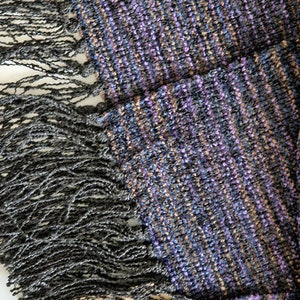 Handwoven Rayon Chenille Scarf in Black, Deep Purple, and Bronze