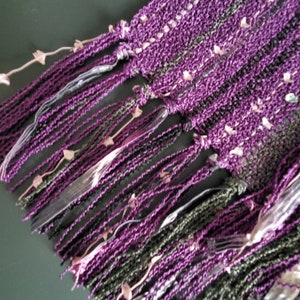 Handwoven Rayon Boucle Scarf in Purple, Gray, and Black