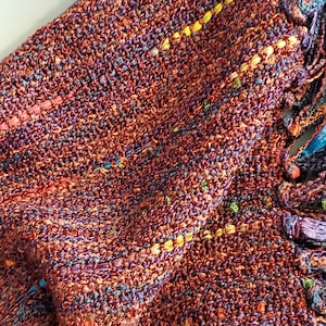 Handwoven Scarf Light Weight Mahogany with Bright Ribbons