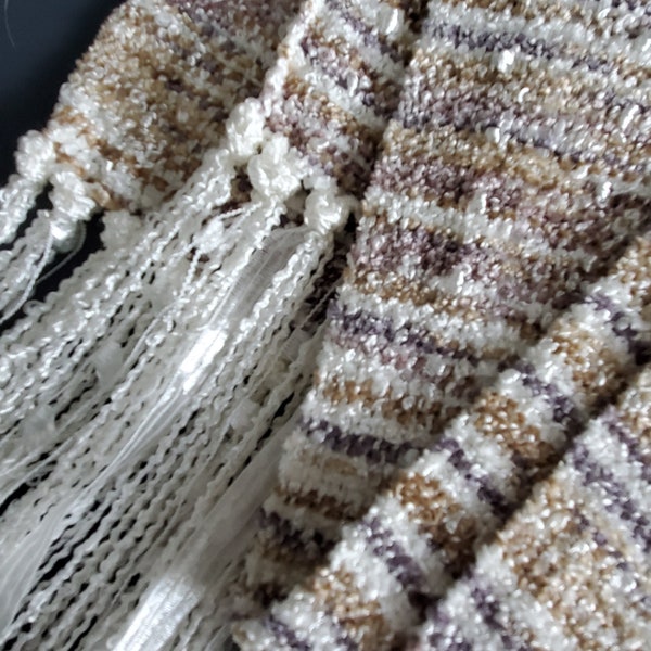 Handwoven Lavender, Ivory, and Light Bronze Rayon Chenille Scarf