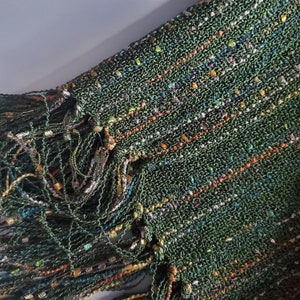Handwoven Forest Green Gold Rust Rayon Scarf Wrap