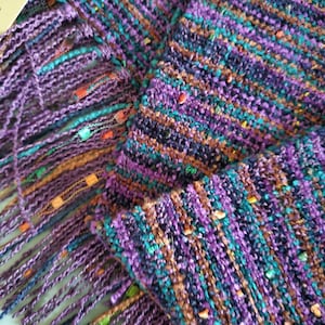 Handwoven Scarf with Purple Teal Coffee and Navy Rayon Chenille Yarn