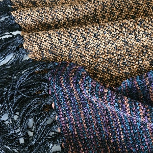 Handwoven Rayon Chenille Scarf in Black, Bronze, Purple, and Teal