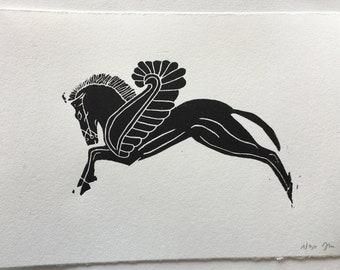 Engraving on paper in black and white, Pegasus