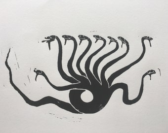 Black and white engraving on paper, The Lernaean Hydra