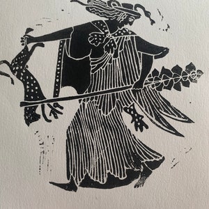 Incisione su carta in bianco e nero, Baccante