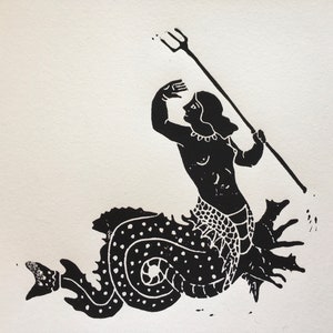 Incisione in bianco e nero su carta, Scilla.