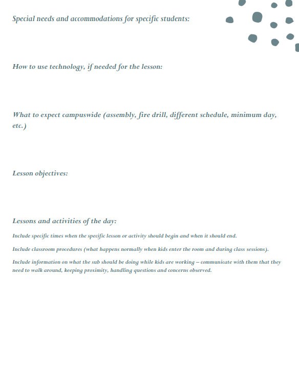 Lesson Plan Template for a Substitute Teacher - Etsy