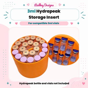 May include: Orange 3ml Hydrapeak storage insert for vials. The insert is round and holds multiple vials with clear glass and purple lids. The text on the image reads "3ml Hydrapeak Storage Insert" and "For compatible 3ml vials."