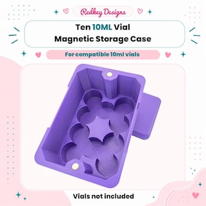 May include: A purple magnetic storage case for ten 10ml vials. The case has a rectangular shape with rounded compartments and a separate lid. The text "Ten 10ML Vial Magnetic Storage Case" is visible. "Vials not included" is also displayed.