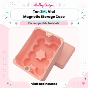May include: A pink magnetic storage case for ten 3ml vials. The case has a lid and a molded interior with circular and star-shaped compartments. Text on the image reads "Ten 3ML Vial Magnetic Storage Case" and "Vials not included."