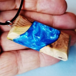 Blue wood resin pendant necklace,mans blue jewelry,wood resin jewelry,womans blue jewelry,wood jewelry,unique handmade jewelry,one of a kind