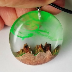 Northern lights galaxy mountain wood resin pendant night sky universe jewelry, nature inspired landscape gifts space necklace, resin pendant
