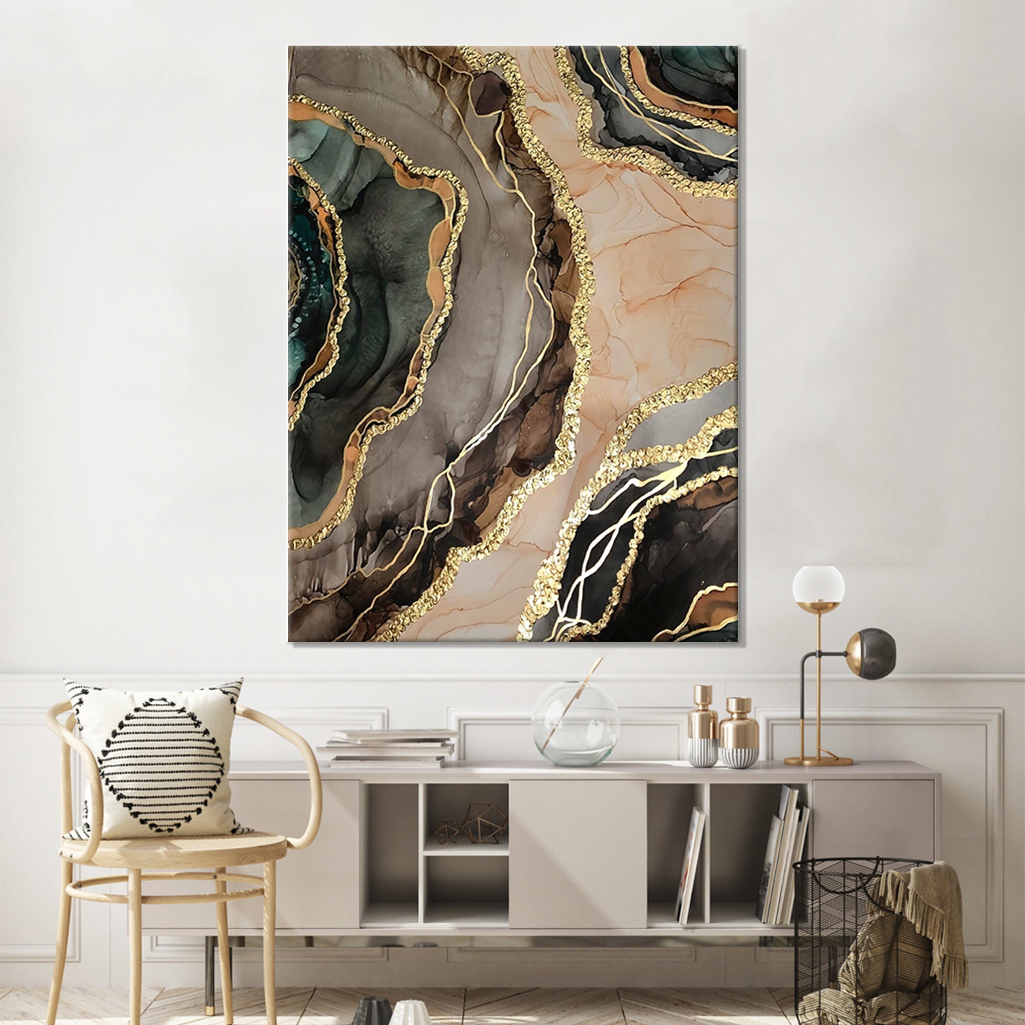 Abstract Marble Canvas Wall Art Luxury Green Gold Marble Etsy