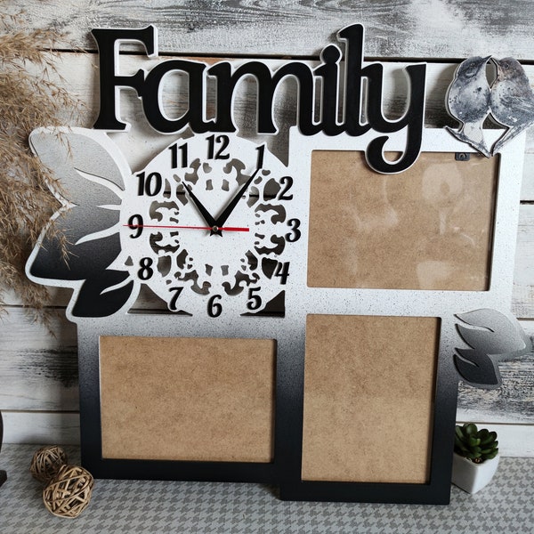 Wooden Collage Photo Frame - Family Inscription Patterned Clock Leaves Printed Birds - Home Decor
