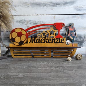 Custom Large Wooden Medal Holder for Female Soccer Athletes | Personalized Sports Medal Display, Trophy Rack, Sports Award Hanger
