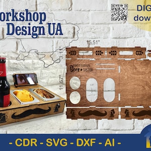 Beer and Snack Holder digital dxf ai cdr svg,  Personalized beer and snack table stand, Decorative wooden beer tray, Download file